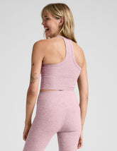 pink v-neck cropped tank top with a high racerback.